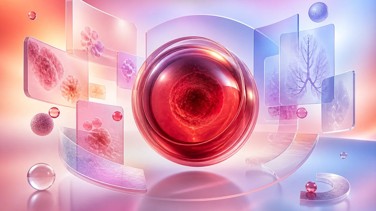 Abstract AI medical diagnostics software lens with frosted clinical review panels on a luminous multi-color gradient.