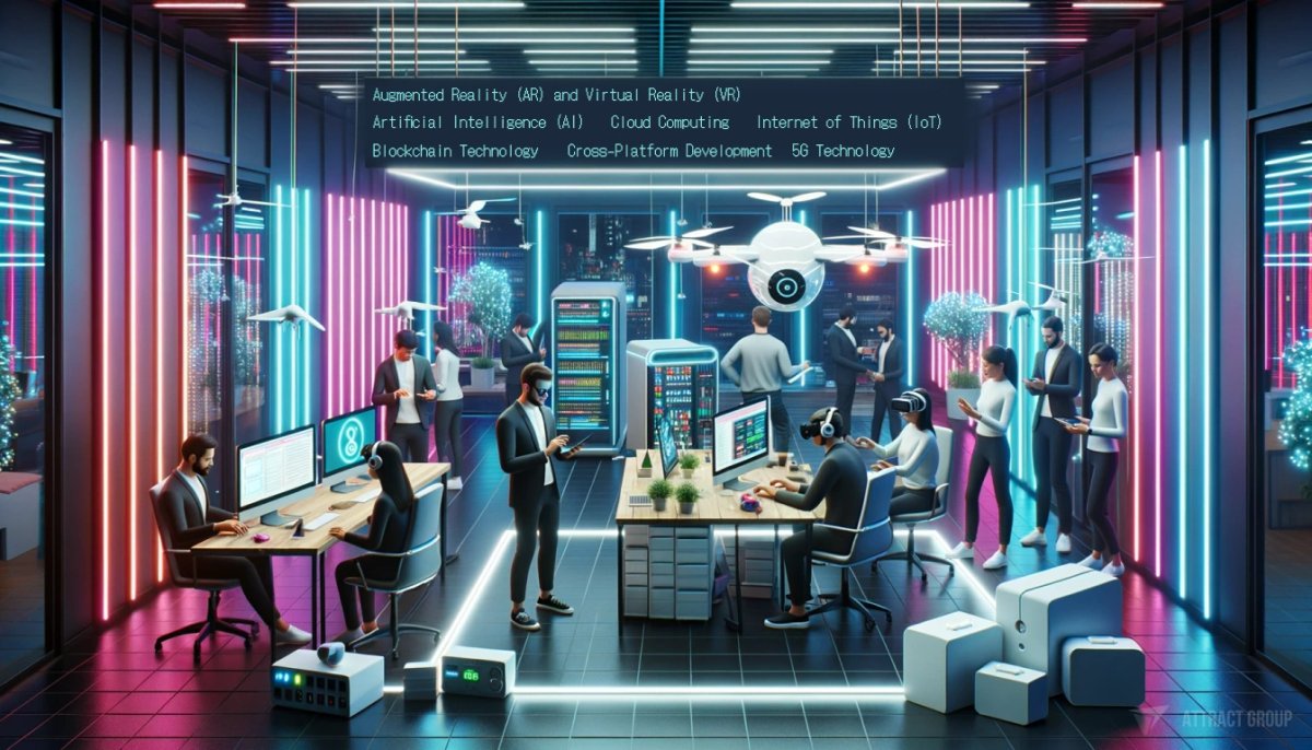 Future of Mobile Development, futuristic modern office with devs, Ar, drones, servers