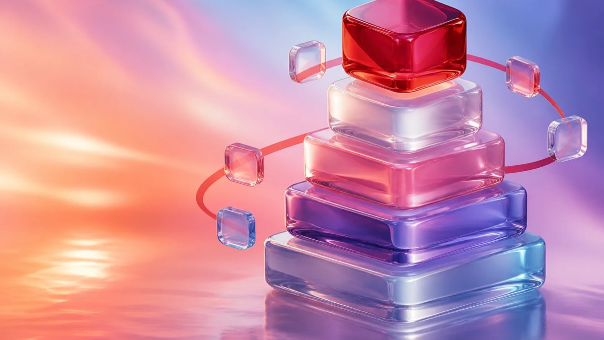 Dimensional crimson and glass blocks forming an ascending governance structure over a multi-color aurora gradient