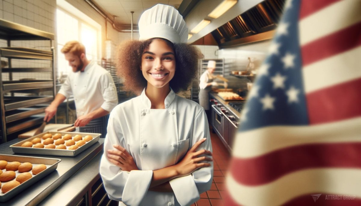 Assessing the Best Catering Software Providers in the U.S. Market.

A professional kitchen where a female chef with a curly hair is standing with her arms crossed, smiling at the camera. She is wearing a traditional white chef's uniform and a hat. In the background, two other chefs are also in chef's uniforms,