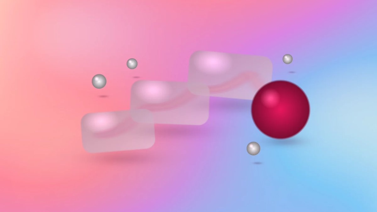 Abstract logistics workflow cards connected by a crimson glass ribbon on a luminous multi-color gradient background.