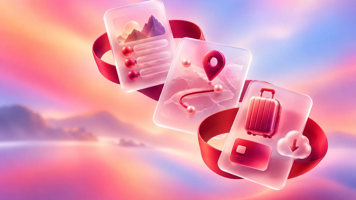 Abstract crimson glass travel app cards connected by a ribbon on a luminous multi-color gradient.
