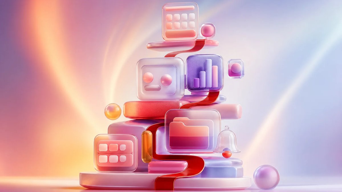 Abstract dimensional illustration of productivity workflow blocks connected by a crimson path.