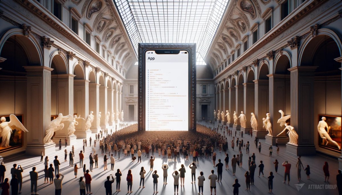 museum with people, smartphone in the center