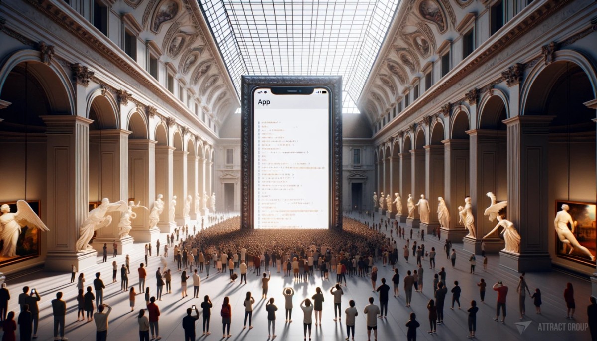 museum with people, smartphone in the center