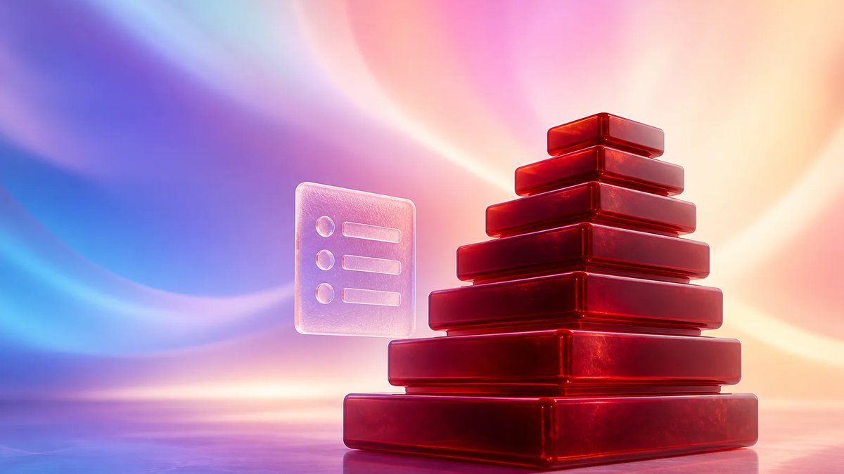 Dimensional crimson audit tiles and frosted-glass check forms on a soft multi-colour aurora gradient