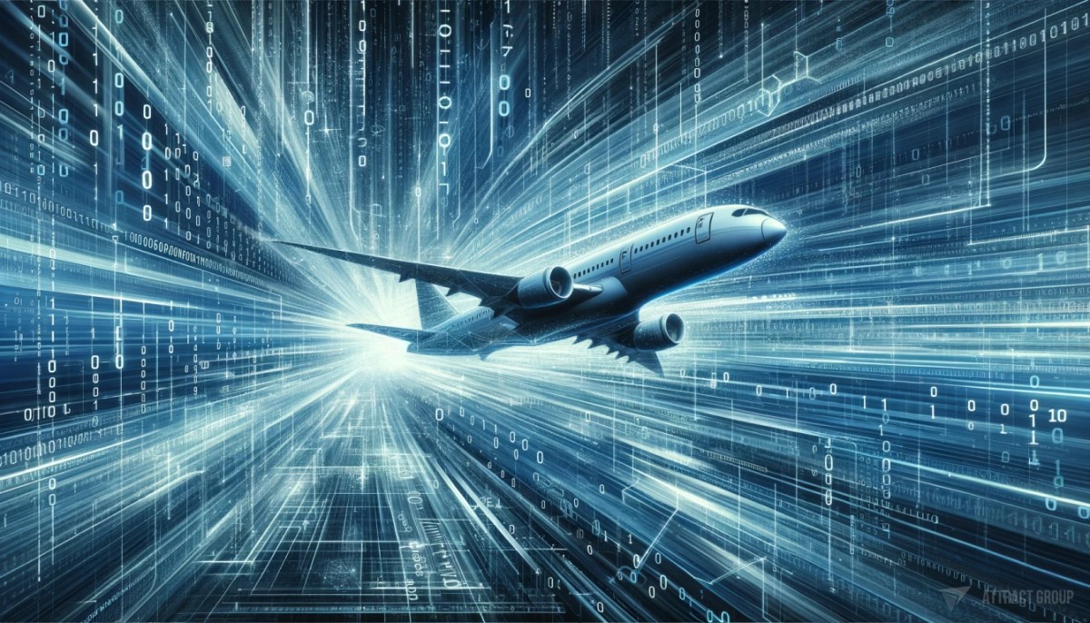 The Pioneering Role of Big Data in Aviation Transformation. A digital composite, combining the form of an airplane with abstract digital elements.