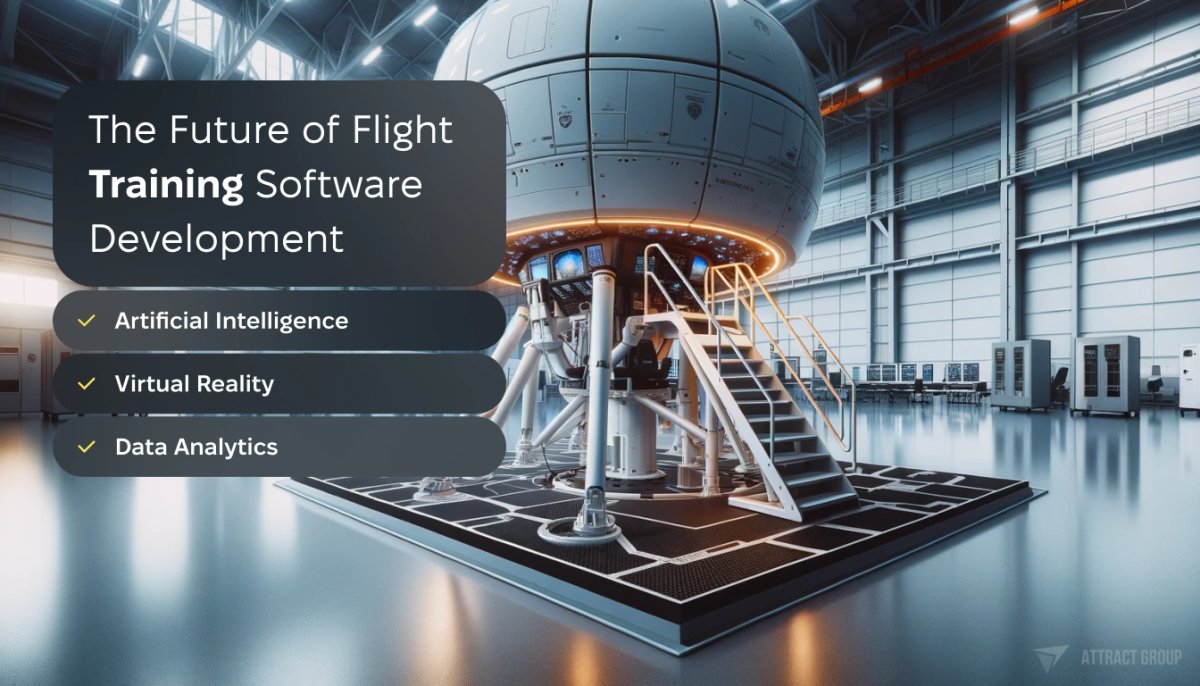 The Future of Flight Training Software Development. A modern flight simulator pod mounted on hydraulic stilts. The pod is white. It's located in a spacious, industrial-like training facility with high ceilings.