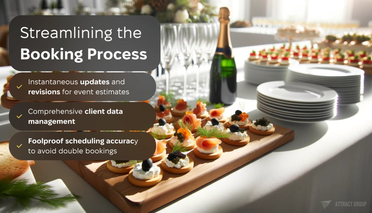 Streamlining the Booking Process. A catering table set for an event, with a wooden board in the foreground displaying a variety of canapés. 