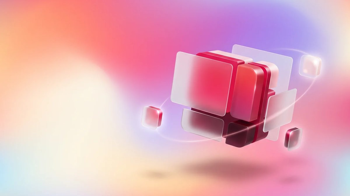 Abstract dimensional healthcare software modules connected into a custom system on a luminous multi-color gradient background.