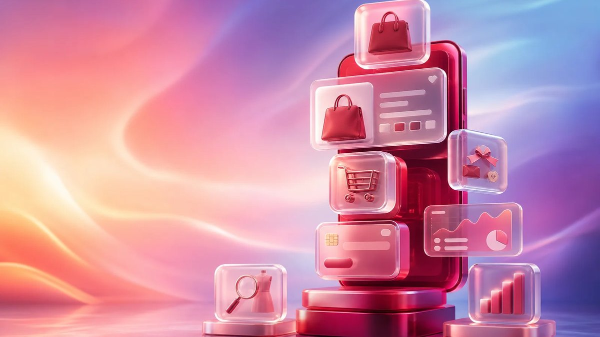 Abstract ecommerce mobile app feature modules stacked around a crimson shopping system on a luminous aurora gradient background.