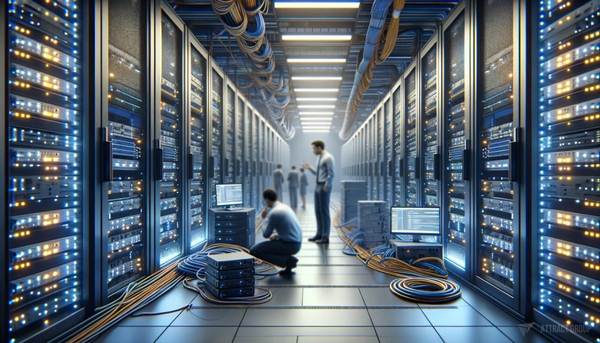 Cyberattack Airplane Vulnerabilities and Recent Incidents. The environment is filled with racks of servers and other networking equipment, indicative of a place where data is managed and network operations are monitored.