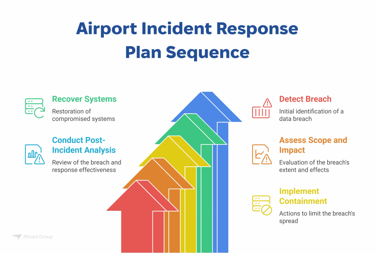 This infographic, titled 'Airport Incident Response Plan Sequence,' visually outlines the chronological steps involved in responding to a security incident at an airport. It uses a series of ascending, colored arrows to represent the progression through the incident response process. Starting with 'Detect Breach,' the sequence moves to 'Assess Scope and Impact,' then 'Implement Containment,' followed by 'Conduct Post-Incident Analysis,' and finally 'Recover Systems.' Each step is accompanied by a brief description and a relevant icon. The purpose of this image on a website is to educate viewers on the systematic approach required to effectively manage and recover from security incidents within an airport environment, emphasizing the sequential nature of the response plan.