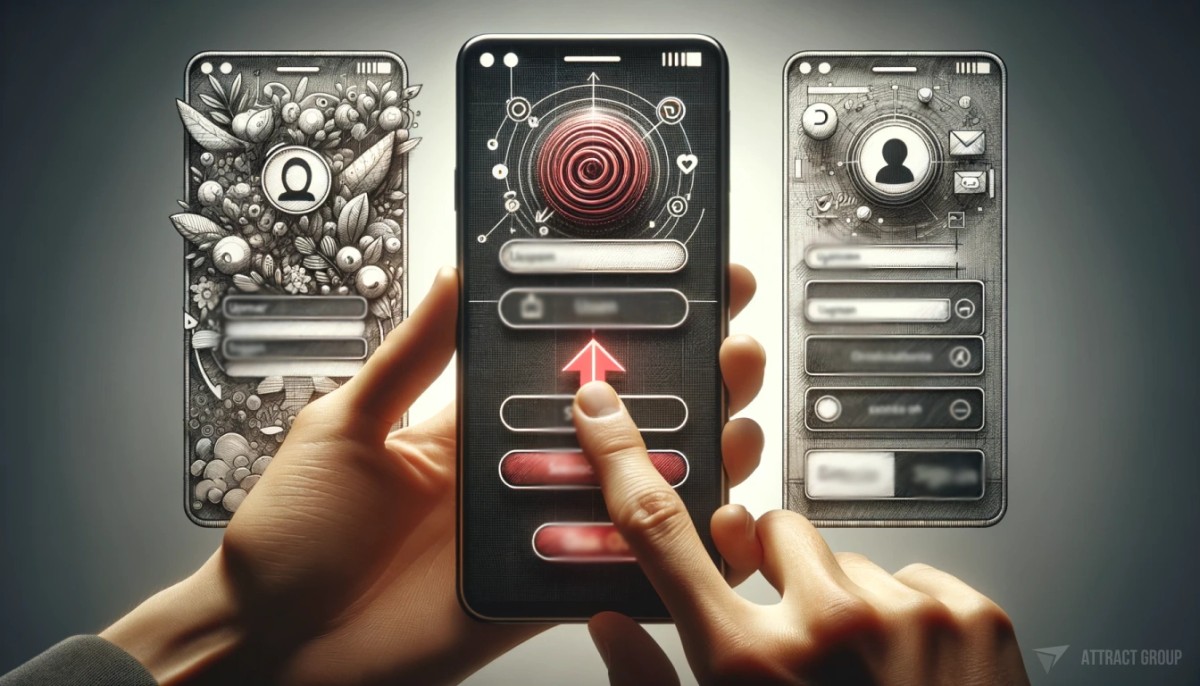 The Role of User Experience in Mobile App Success.
A hand holding a smartphone which transitions into a sequence of three different screens, illustrating the app design process.