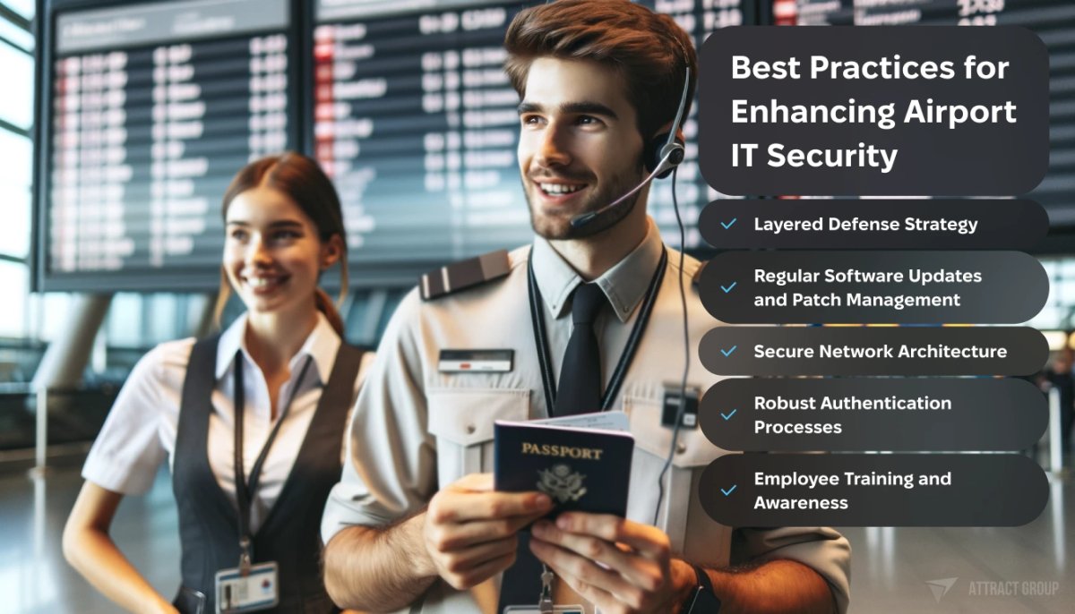 Best Practices for Enhancing Airport IT Security. Two airport staff members. One man in the foreground holds a passport and speaks into a headset.
