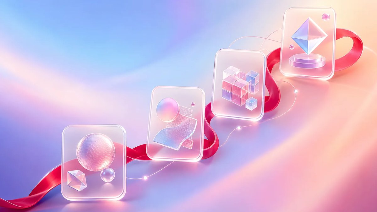 Abstract dimensional mobile app workflow cards connected by a crimson glass ribbon over a warm cool aurora gradient.