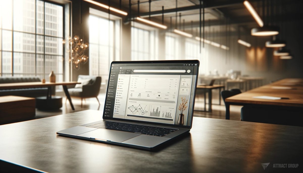 A laptop on a matte desk. The laptop screen displays a CRM page with various graphics showing work progress.