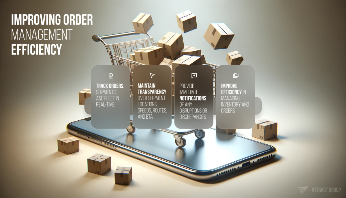 The image features a smartphone lying horizontally with several cardboard packages levitating and seemingly being unloaded from a miniature shopping cart positioned on top of the screen, symbolizing digital order management. Above the scene, the phrase "IMPROVING ORDER MANAGEMENT EFFICIENCY" is prominently displayed. On the left side of the image, floating translucent plaques list strategies for enhancing efficiency: "TRACK ORDERS, SHIPMENTS, AND FLEET IN REAL-TIME," "MAINTAIN TRANSPARENCY OVER SHIPMENT LOCATIONS, SPEEDS, ROUTES, AND ETA," "PROVIDE IMMEDIATE NOTIFICATIONS OF ANY DISRUPTIONS OR DISCREPANCIES," and "IMPROVE EFFICIENCY IN MANAGING INVENTORY AND ORDERS."