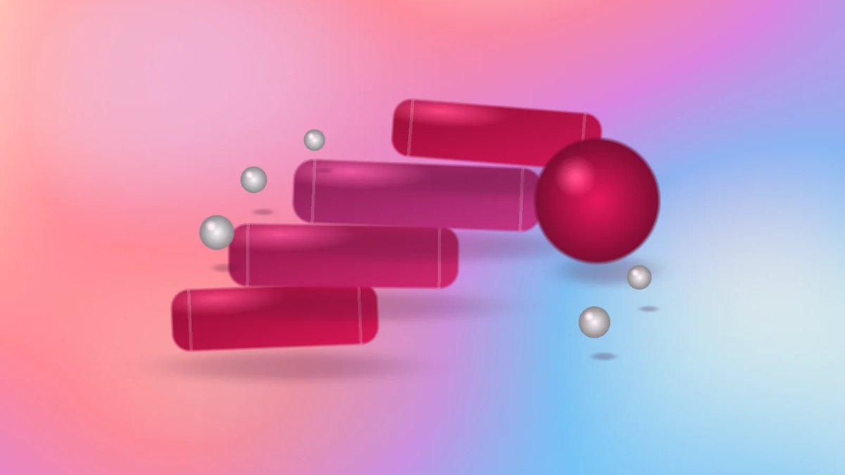 Abstract dimensional custom software process blocks and a crimson core on a warm cool aurora gradient.