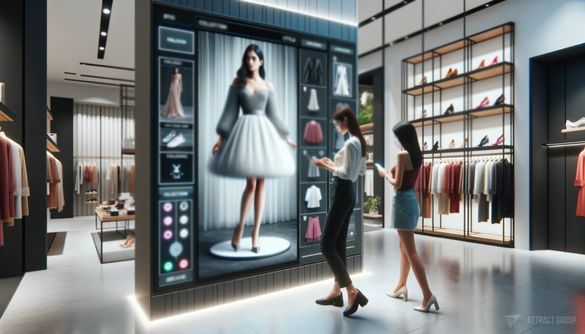 Future Trends in Digital Ticketing for Retail. A modern clothing store. One woman is engaging with a large digital touchscreen that features a life-sized model showcasing a dress.
