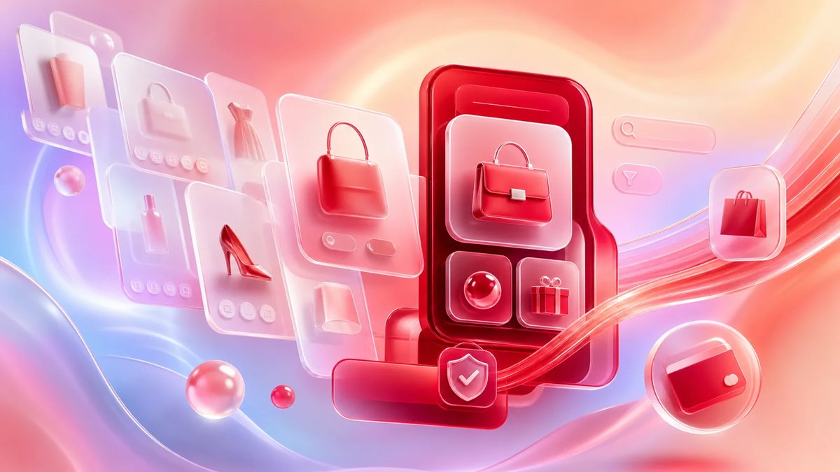 Abstract dimensional ecommerce mobile app feature cards flowing into a polished crimson commerce system on a luminous aurora gradient.