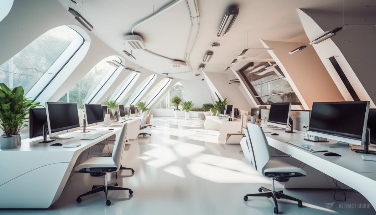 Modern office with computers, plants, and windows