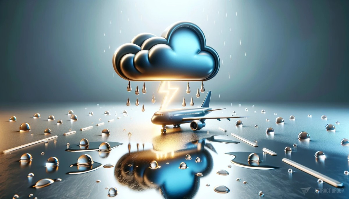 Integration with Air Traffic Control and Weather Services. A 3D realistic icon of a cloud with lightning and a realistic icon of an airplane.