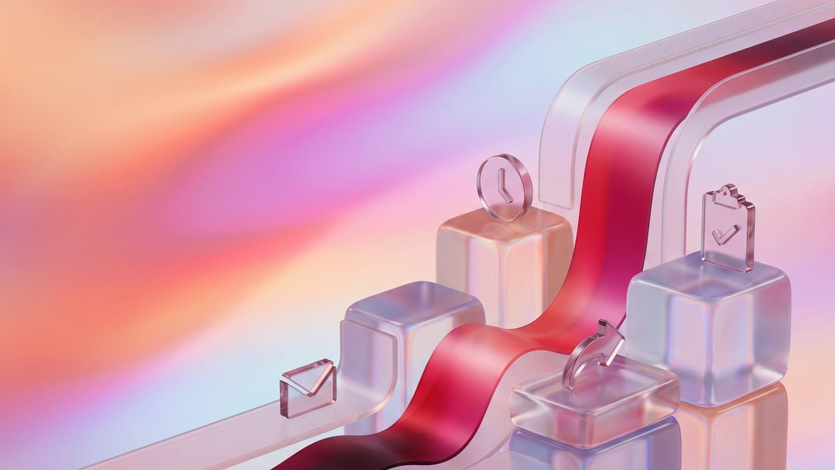 Abstract 3D patient engagement software workflow with connected cards and crimson system layers
