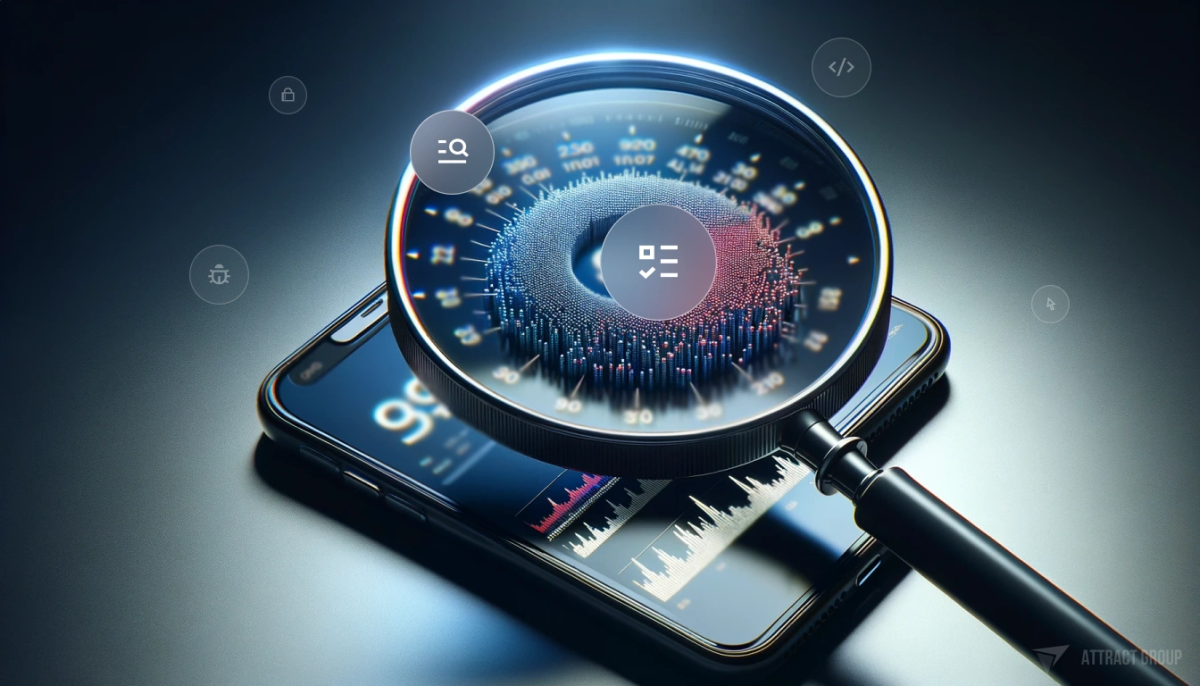 Illustration for Continuous Performance Monitoring Process. A modern smartphone under a magnifying glass, which is magnifying the screen details to such an extent that the pixels are visible. On the smartphone's screen, there is a dynamic counter showing the number of visitors increasing, symbolizing the constant monitoring of application performance. The image should display highly realistic textures, with a clear focus on the magnified pixels of the screen and the numbers on the counter to illustrate the meticulous analysis and tracking involved in app performance monitoring.
