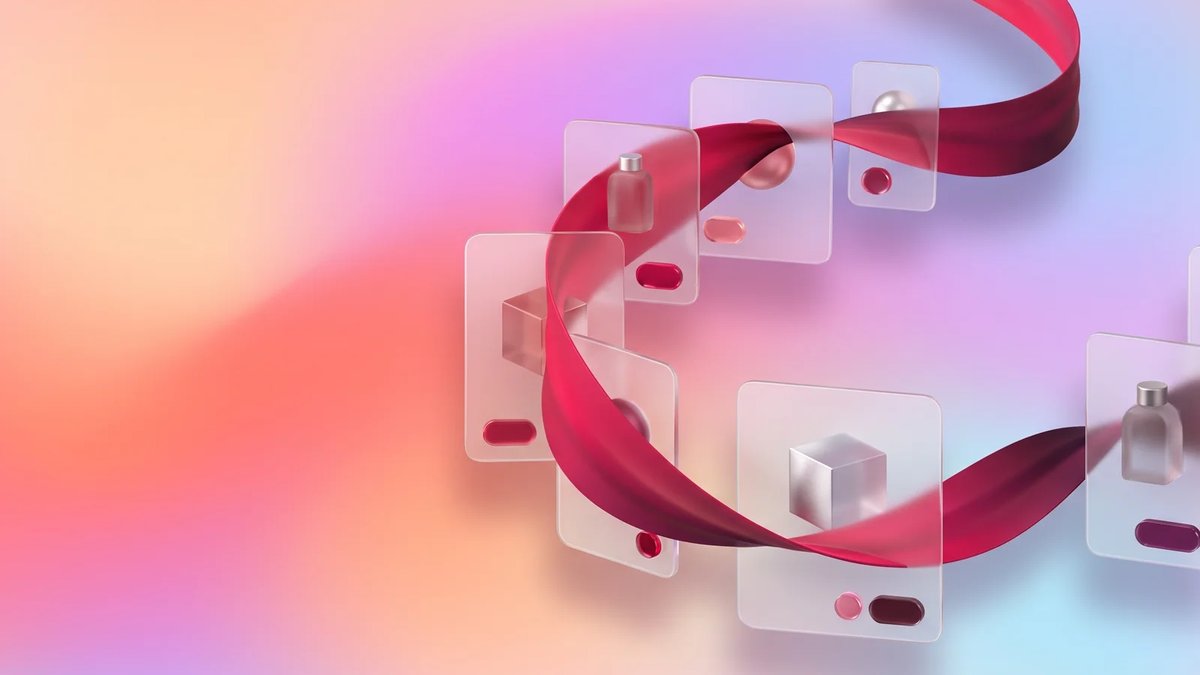 Abstract frosted ecommerce cards connected by a crimson ribbon over a warm and cool aurora gradient