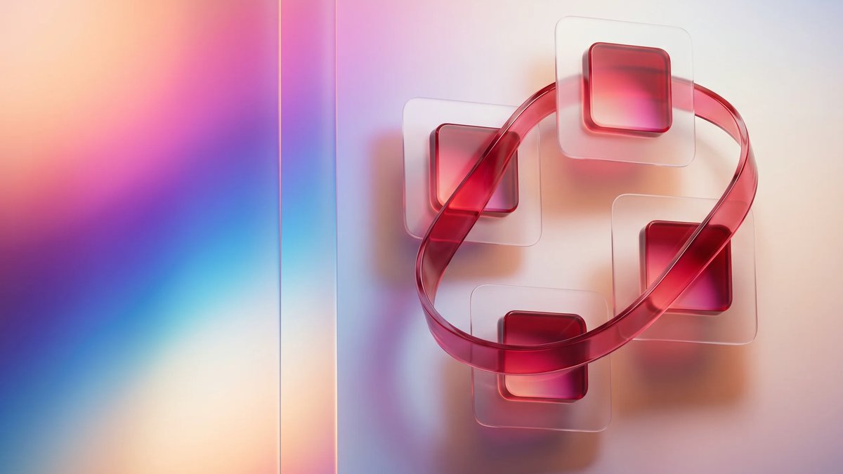Abstract premium editorial illustration with translucent crimson software team modules arranged in a cascading structure over a luminous aurora gradient, connected by a flowing ribbon that suggests onboarding and coordination.