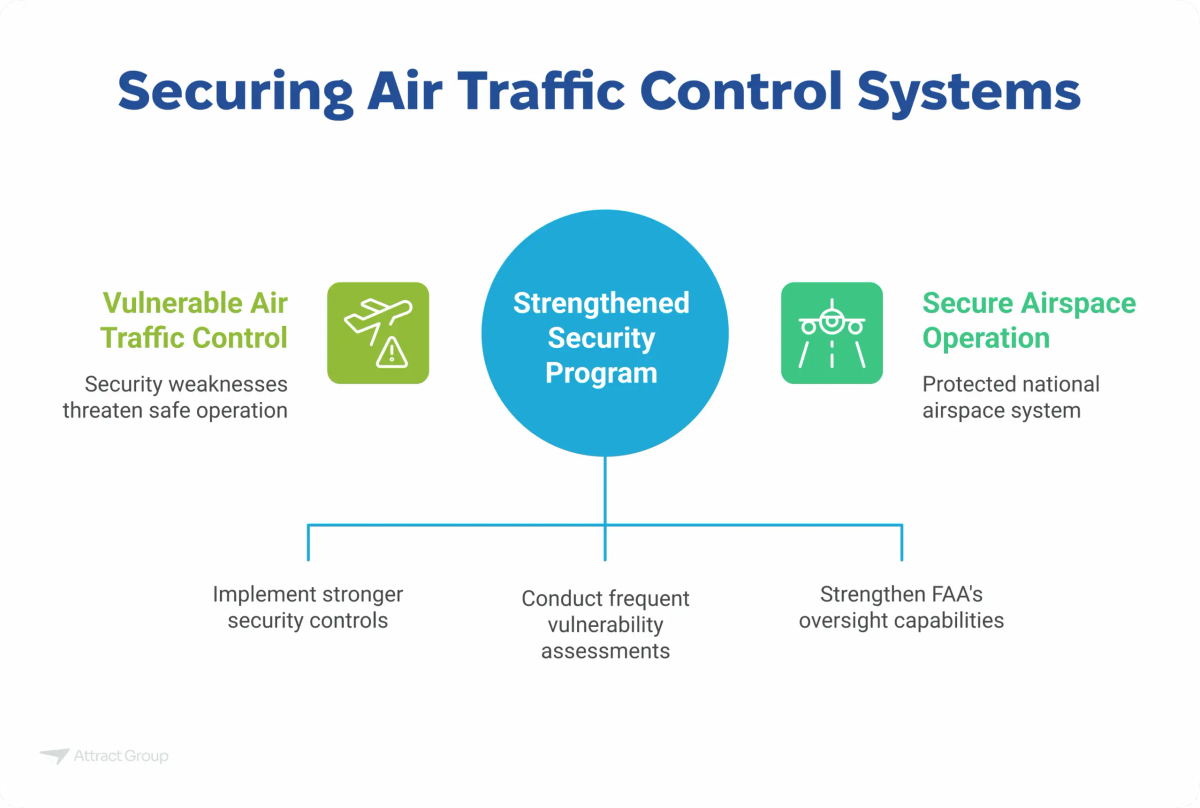 This infographic, titled 'Securing Air Traffic Control Systems,' visually presents the relationship between a 'Strengthened Security Program' and its impact on air traffic control. It highlights the transition from a state of 'Vulnerable Air Traffic Control,' where security weaknesses pose a threat, to 'Secure Airspace Operation,' resulting in a protected national airspace system. Below the central 'Strengthened Security Program' element, three key actions are listed: 'Implement stronger security controls,' 'Conduct frequent vulnerability assessments,' and 'Strengthen FAA's oversight capabilities.' The purpose of this image on a website is to illustrate how a robust security program, through specific actions, can mitigate vulnerabilities and ensure the secure operation of air traffic control systems.