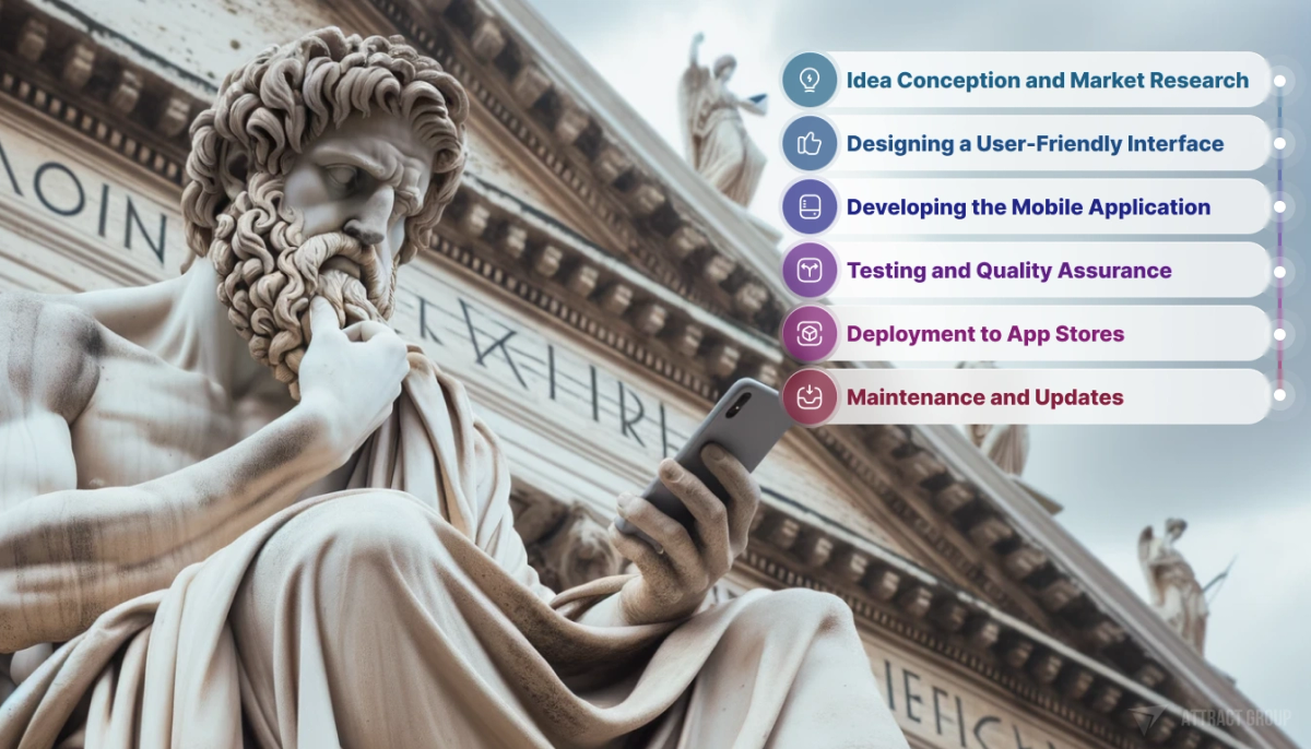 The Mobile Application Development Lifecycle, greek ancient statue with smartphone