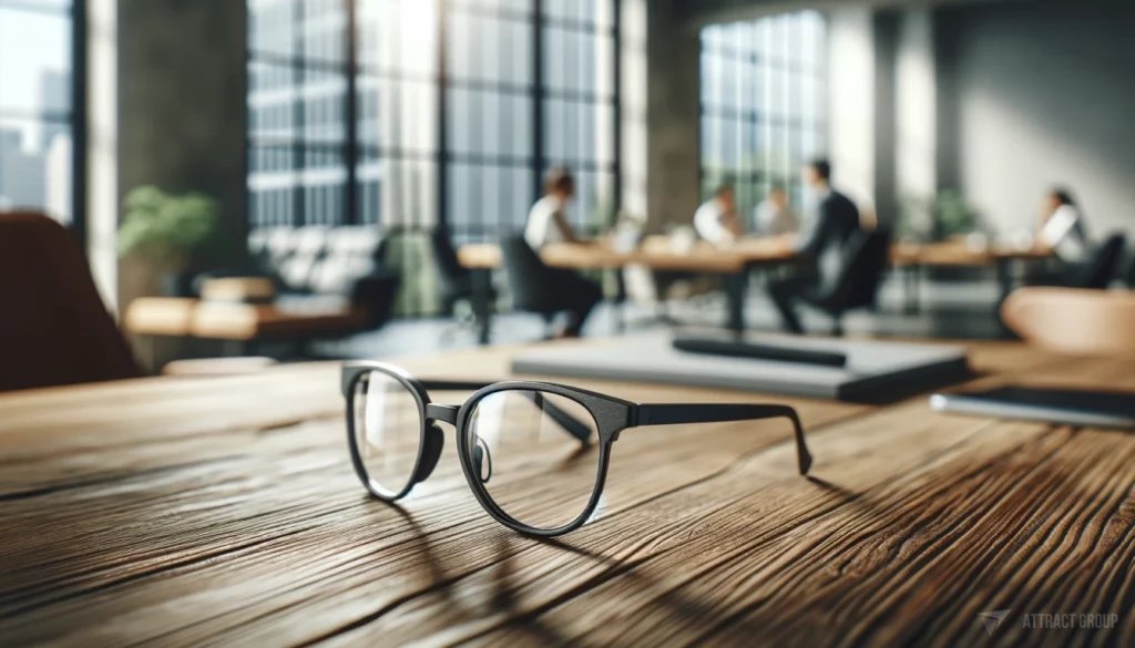 Eyeglasses lying on a desk