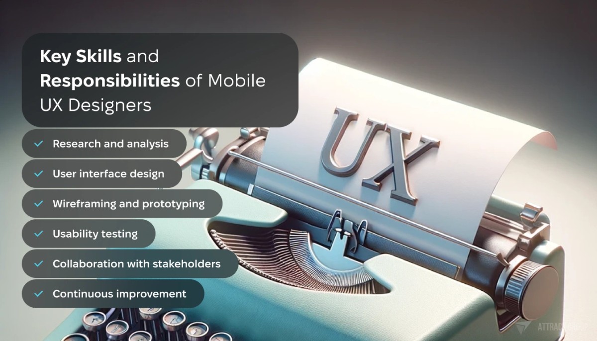 Key Skills and Responsibilities of Mobile UX Designers.
A retro-style typewriter with a modern twist. The typewriter is a realistic model with metallic keys and a mint green body. It has a piece of paper loaded onto the carriage with the letters 'UX' prominently typed in a vintage font.