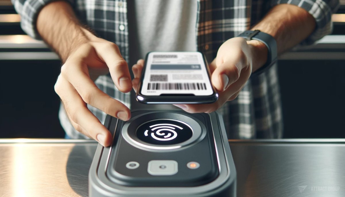 E-ticketing System Integration.
A person's hand holding a smartphone over a ticket scanning device. The phone's screen displays a digital ticket with a barcode. The person is casually dressed, and the scene is at a point of entry, suggesting the process of accessing an event. 