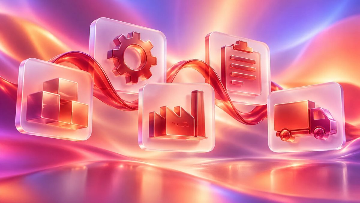 Abstract 3D workflow cards connecting manufacturing, operations and delivery systems