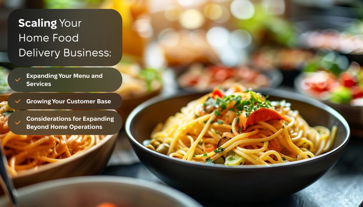 Scaling Your Home Food Delivery Business checklist. Bowl of tasty dish on the background.
