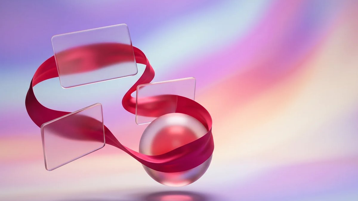 Abstract dimensional data cards linked by a crimson ribbon, representing safe EMR integration on a luminous gradient background.