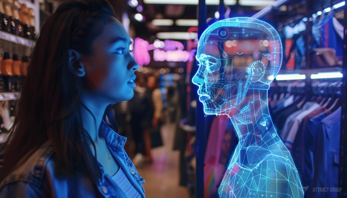 Client with holographic silhouette in the store, creative element in the Retail