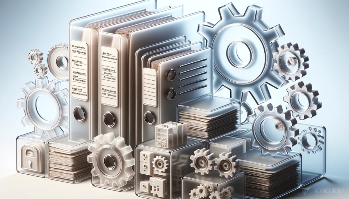 Factors Influencing Cost in Mobile Development, big 3D folders and gears