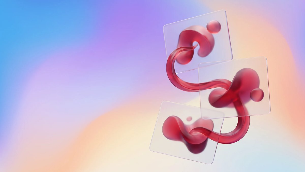 Abstract editorial illustration with floating crimson glass-like cards connected by a ribbon over a luminous aurora gradient, representing an AI sales agent coordinating lead data, outreach, and pipeline flow.