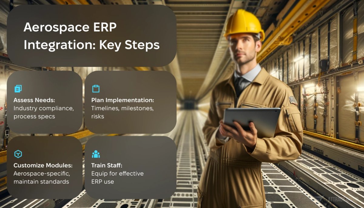 Aerospace ERP Integration: Key Steps

A worker wearing a yellow work uniform and hard hat, holding a tablet. In the background is the interior of a large, empty aircraft cargo hold. The hold has cargo loading tracks and locking mechanisms on the floor, and the walls and ceiling are lined with insulation, structural elements, and utility conduits. The perspective view looks from one end of the cargo hold towards the other, with section markers along the upper wall. 