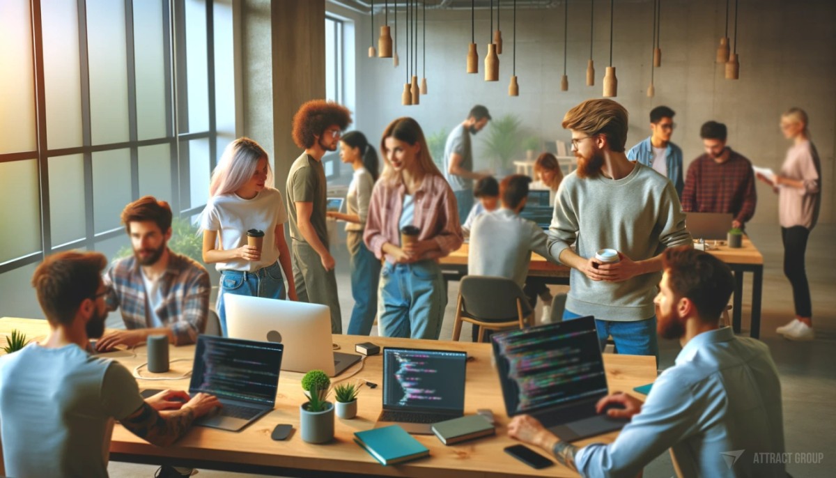 Blockchain Software has Transparency and Trust. A diverse team of software developers in a modern tech office, engaged in work and conversation. The team is in casual attire, featuring a variety of hair colors, hairstyles, and ages. 