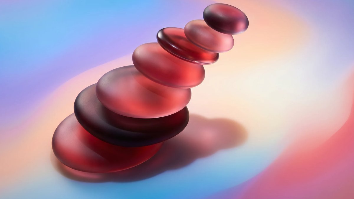 Abstract editorial illustration of layered crimson insurance software modules resolving into a structured control hub over a luminous aurora gradient.