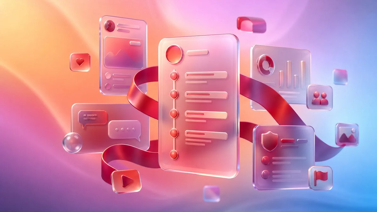 Abstract dimensional illustration of social app feature cards connected by a crimson workflow ribbon.