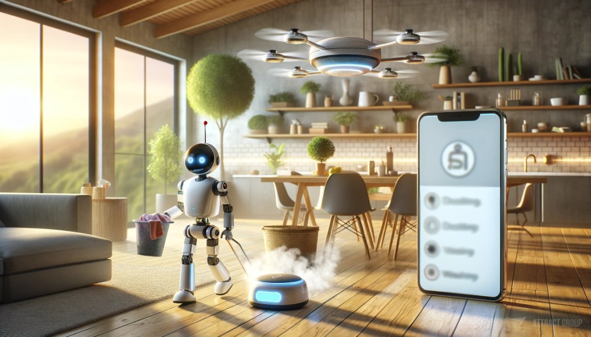 Illustration for Future Trends: What to Expect in AI App Development. a futuristic cyber robot cleaner picking up dirty laundry to take it to wash, while a robot drone flies around the apartment, wiping dust. On the side, show a smartphone with a cleaning application open, displaying functions for dusting, vacuuming, and washing, indicating control over the robots. The image should depict an eco-inspired and brightly lit interior with natural textures, reflecting an eco-friendly and clean environment. The atmosphere should be filled with natural soft light to emphasize a harmonious and high-tech household, with an advanced application managing the cleaning chores seamlessly.