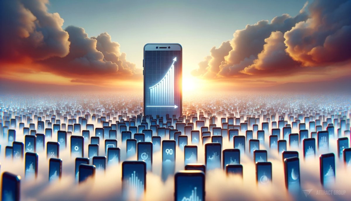 Illustration for Building Scalable Mobile Apps on the Cloud. A central smartphone displaying a growing graph on its screen, symbolizing progress or success. Behind this smartphone, depict hundreds of more smartphones, gradually blurring into a sunset background. The entire scene should be enveloped in a white haze resembling clouds, adding a dreamy and surreal quality to the image. The focus on the central smartphone with the graph should be sharp, while the multitude of other smartphones in the background merge into the warm colors of the sunset, creating a sense of depth and multitude.