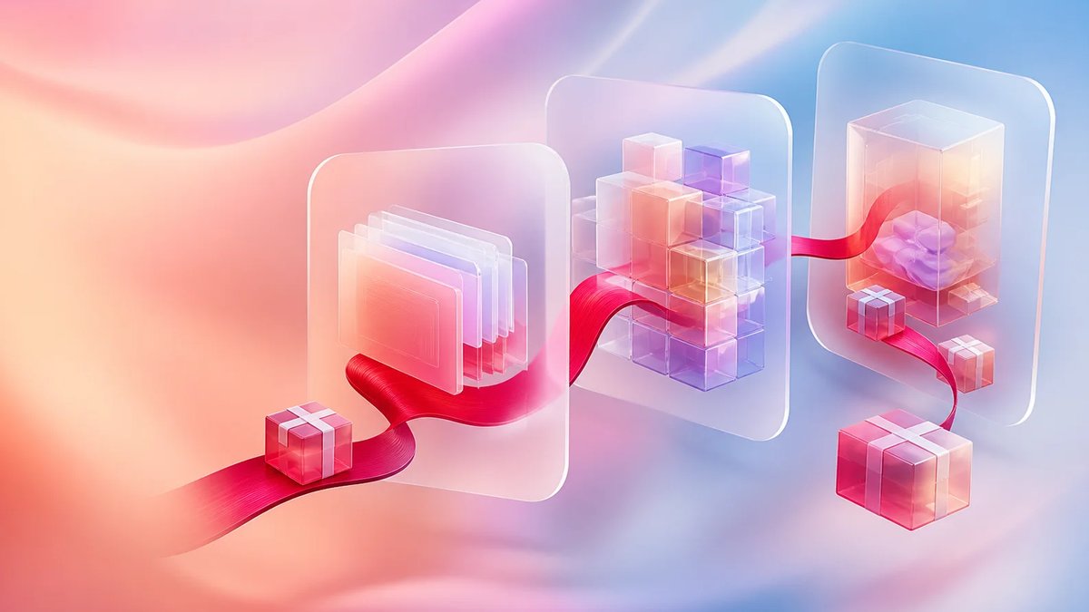 Abstract connected fulfillment workflow with frosted glass cards, crimson routing ribbon, and dimensional parcel forms on a warm-cool aurora gradient.