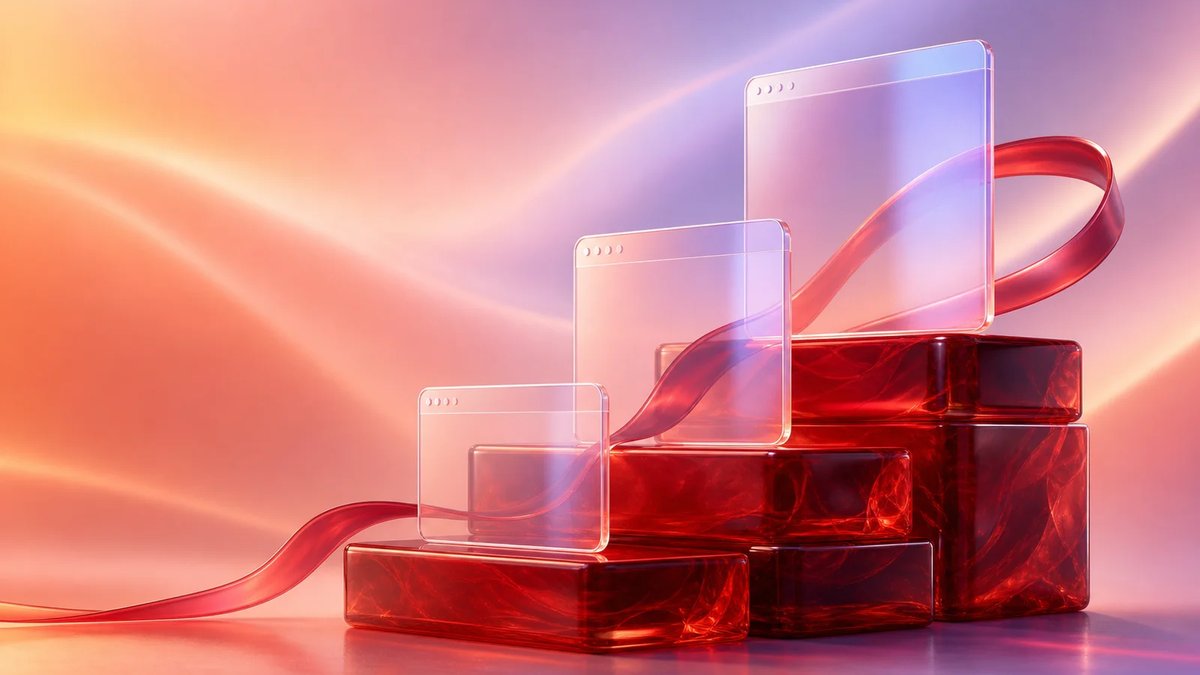 Abstract dimensional desktop app windows and crimson workflow forms on a luminous warm cool aurora gradient.